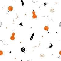 halloween patten seamless. On white background pumpkin, lollipop, spider, skull, ghosts. Stylish ornament in minimalistic design. Printing on fabric and paper. Vector hand drawn illustration