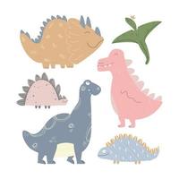 conjunto de 6 imágenes de dinosaurio. personajes de dibujos animados estilizados. plantilla para etiquetas, insignias. estampados infantiles para camisetas. ilustración vectorial, dibujada a mano vector