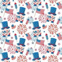 4th of July patriotic gnomes with fireworks, American flags, hearts. Vector seamless pattern. Isolated on white background. Cute design for digital paper, background.