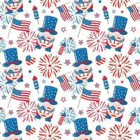 4th of July patriotic gnomes with fireworks, American flags, hearts. Vector seamless pattern. Isolated on white background. Cute design for digital paper, background.