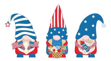 July 4th group of gnomes, American Patriotic Day party gnomes in USA flag colours with flowers, firework, flags in hands for Independence Day party. Vector illustration