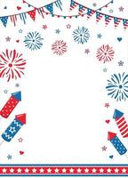 4th of July border frame with red, blue fireworks and sparks, isolated on white background. Design for American Independence Day party invitations or posters. vector