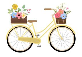 Cartoon hand drawn bike with colorful spring flowers in wood crate and basket. Isolated on white background. Retro bike carrying basket, crate with flowers and plants. Vector illustration.