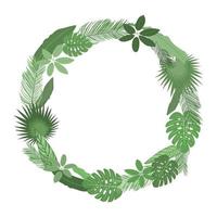 Tropical greenery wreath, jungle green leaves, white background. Vector illustration. Design template for greeting card, wedding invitation.