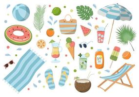 Cute cartoon summer elements set. Sling chair, umbrella, towel, drinks and food. Great for poster, scrapbooking, stickers, print. Isolated on white background.