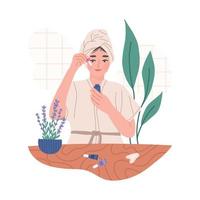 Young woman applies skin care product on her face in the bathroom, flat vector illustration isolated on white. Concepts of self care and daily routine. Vegan and cruelty free beauty products.