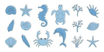 conjunto de diferentes elementos marinos: conchas, estrellas de mar, caballitos de mar, tortugas, cangrejos, delfines, corales. vector