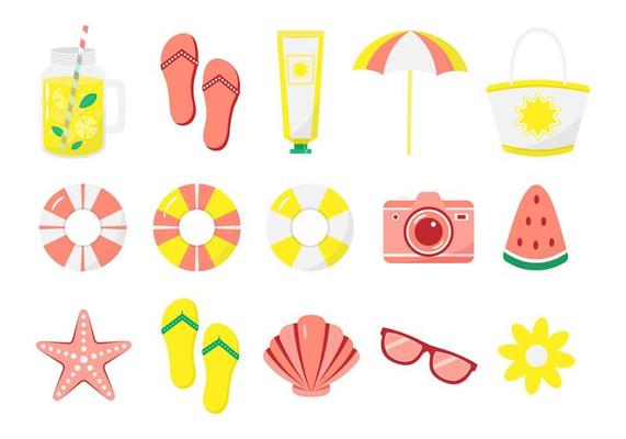 Set of cute summer accessories. Collection of flat vector elements for beach party.