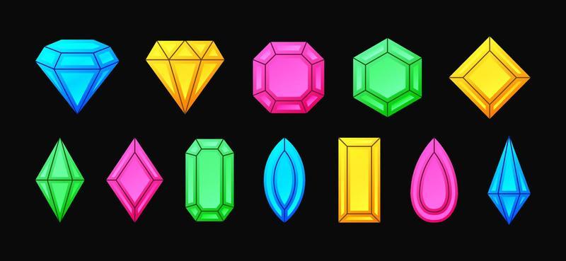 Colorful diamonds and gemstones collection. Gems isolated on black background.