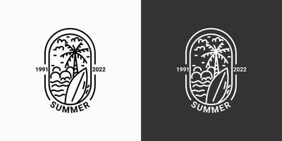 Simple summer logo with lines, beach icon in a minimal linear style, available in black and white, coconut tree, sea, sun vector