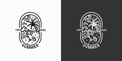 Simple summer logo with lines, beach icon in a minimal linear style, available in black and white, coconut tree, sea, sun vector