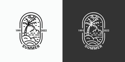 Simple summer logo with lines, beach icon in a minimal linear style, available in black and white, coconut tree, sea, sun vector