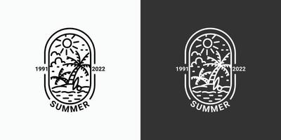 Simple summer logo with lines, beach icon in a minimal linear style, available in black and white, coconut tree, sea, sun vector