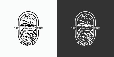 logotipo sencillo de verano con líneas, icono de playa en un estilo lineal mínimo, disponible en blanco y negro, cocotero, mar, sol vector