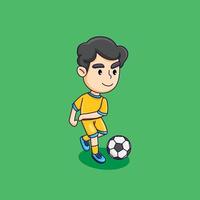 Cute boy playing soccer, happy boy kicking the ball, cartoon vector illustration