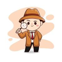 Illustration of cute detective or man wearing brown suit bring a magnifying glass  chibi character vector