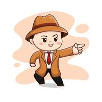 ilustración de un lindo detective o un hombre vestido con traje marrón con el dedo señalador kawaii chibi personaje vector