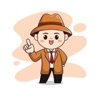 Illustration of cute detective or man wearing brown suit with pointing finger kawaii chibi character
