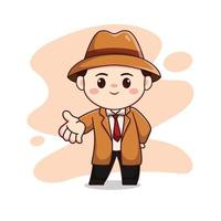 ilustración de un lindo detective o un hombre vestido con un personaje chibi de traje marrón vector