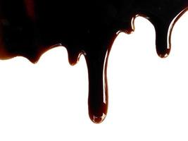 Spilled soy sauce sauce puddle isolated on white background. Texture of spilled soy sauce. Soy sauce on white background photo