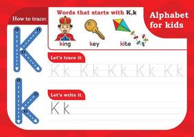 worksheet Letter K, Alphabet tracing practice Letter K. Letter K uppercase and lowercase tracing with King, Key and Kite. Handwriting exercise for kids - Printable worksheet. vector