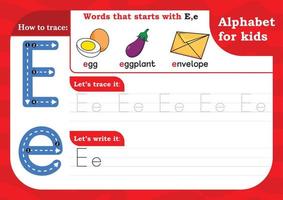 worksheet Letter E, Alphabet tracing practice Letter E. Letter E uppercase and lowercase tracing with Egg, Eggplant and Envelope. Handwriting exercise for kids - Printable worksheet. vector