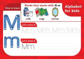 worksheet Letter M, Alphabet tracing practice Letter M. Letter M uppercase and lowercase tracing with Milk, Map and Mirror. Handwriting exercise for kids - Printable worksheet. vector