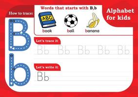 hoja de trabajo letra b, práctica de rastreo del alfabeto letra b. letra b en mayúsculas y minúsculas con libro, pelota y plátano. ejercicio de escritura a mano para niños - hoja de trabajo imprimible. vector