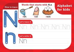 worksheet Letter N, Alphabet tracing practice Letter N. Letter N uppercase and lowercase tracing with Net, Nail and Nest. Handwriting exercise for kids - Printable worksheet. vector