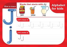 worksheet Letter J, Alphabet tracing practice Letter J. Letter J uppercase and lowercase tracing with Jam, Juice and Jug. Handwriting exercise for kids - Printable worksheet. vector