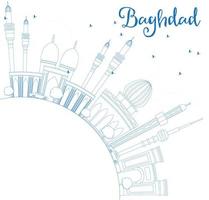 Outline Baghdad Skyline with Blue Buildings and Copy Space. vector