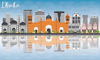 Dhaka Skyline with Gray Buildings, Blue Sky and Reflections. vector