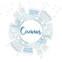 Outline Cannes Skyline with Blue Buildings and Copy Space. vector