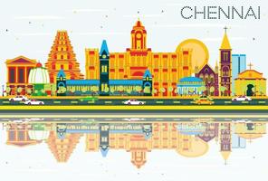 horizonte de chennai con puntos de referencia de color, cielo azul y reflejos. vector