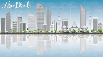 horizonte de la ciudad de abu dhabi con edificios grises, cielo azul y reflejos. vector