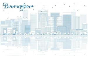 Outline Birmingham skyline with blue buildings and reflections. vector