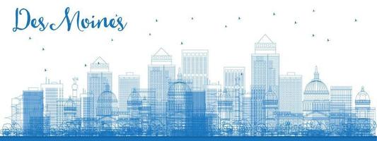 Outline Des Moines Skyline with Blue Buildings. vector