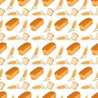 Seamless pattern with bread and ears of wheat on white background. Bright food print for textiles and design. Vector flat illustration