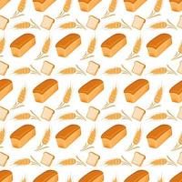 Seamless pattern with bread and ears of wheat on white background. Bright food print for textiles and design. Vector flat illustration