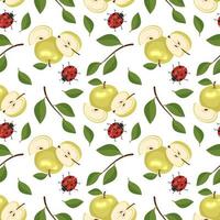 Seamless pattern with yellow apples and red ladybug. Print from whole and half healthy fruits with leaves. Background from sweet food for diet. Vector flat illustration