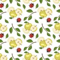 Seamless pattern with yellow apples and red ladybug. Print from whole and half healthy fruits with leaves. Background from sweet food for diet. Vector flat illustration