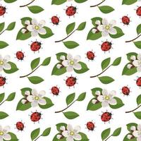 Seamless pattern with red ladybug and cherry flowers on branch with leaves on background. Print of spring decoration, flowering fruit tree plant. Vector flat illustration