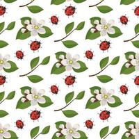 Seamless pattern with red ladybug and cherry flowers on branch with leaves on background. Print of spring decoration, flowering fruit tree plant. Vector flat illustration