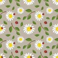 Bright seamless pattern with daisies, ladybug and leaves on brown background. Cute spring or summer print with flowers and insects. Vector flat illustration for textile, wrapping paper and design.