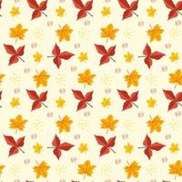 Seamless autumn pattern with orange maple leaves on yellow background. Bright fall print for textile and design. Vector flat ilustration