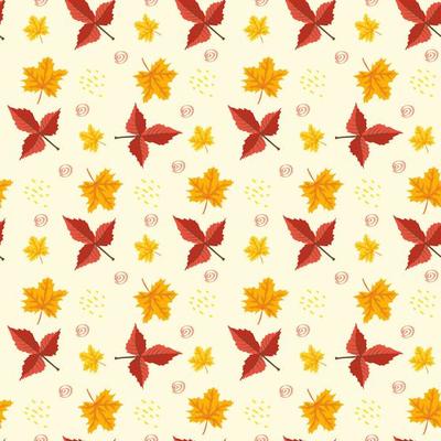 Seamless autumn pattern with orange maple leaves on yellow background. Bright fall print for textile and design. Vector flat ilustration