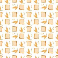 Seamless pattern with bread and ears of wheat on white background. Bright food print for textiles and design. Vector flat illustration