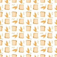 Seamless pattern with bread and ears of wheat on white background. Bright food print for textiles and design. Vector flat illustration