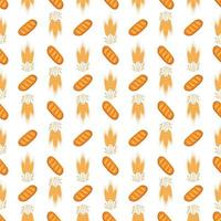 Seamless pattern with bread and ears of wheat on white background. Bright food print for textiles and design. Vector flat illustration