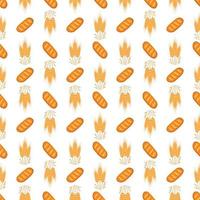 Seamless pattern with bread and ears of wheat on white background. Bright food print for textiles and design. Vector flat illustration